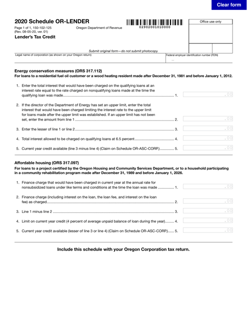 Form 150-102-125 Schedule OR-LENDER 2020 Printable Pdf