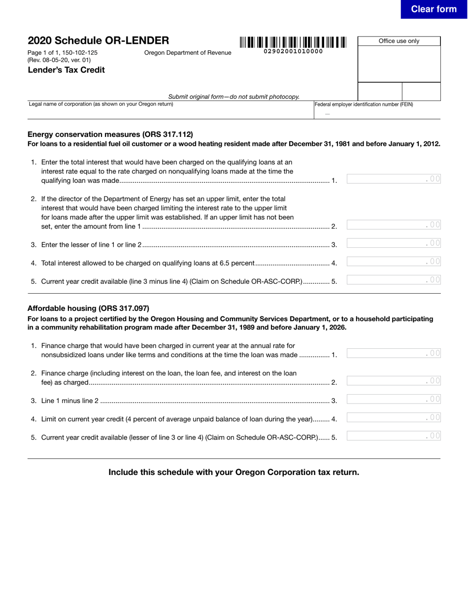 Form 150-102-125 Schedule OR-LENDER Download Fillable PDF or Fill ...