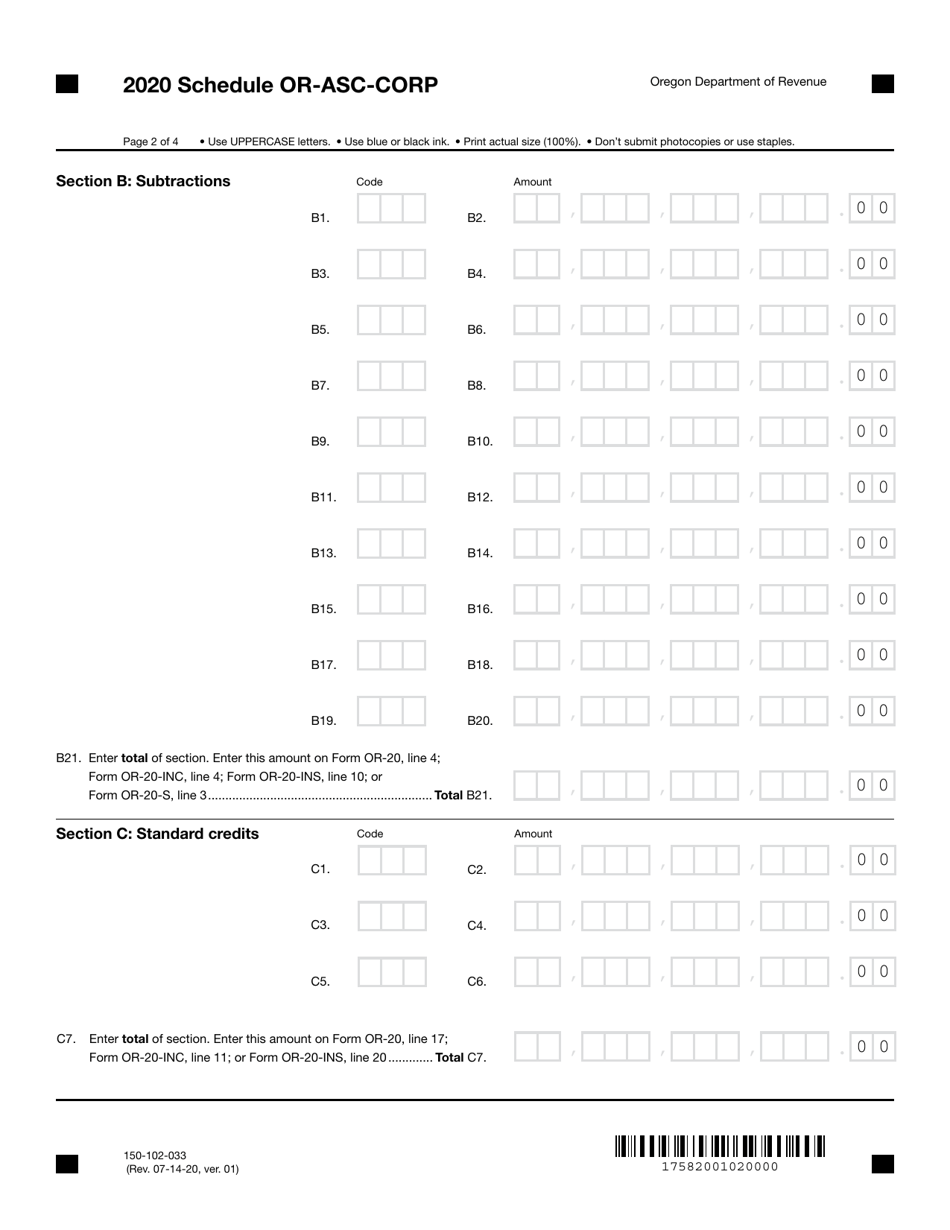 Form 150-102-033 Schedule OR-ASC-CORP Oregon Adjustments for Corporations - Oregon, Page 2
