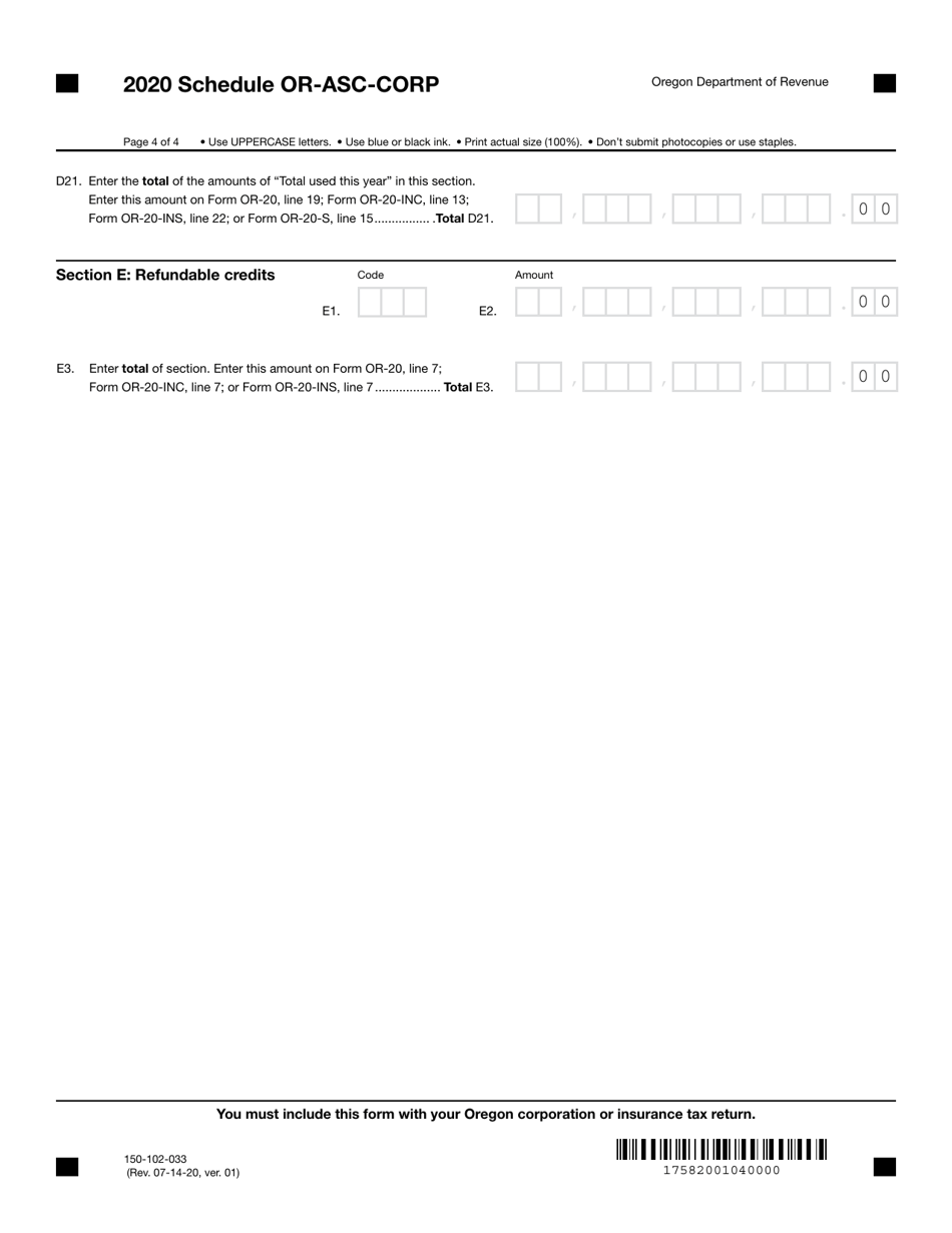 Form 150-102-033 Schedule OR-ASC-CORP Oregon Adjustments for Corporations - Oregon, Page 4