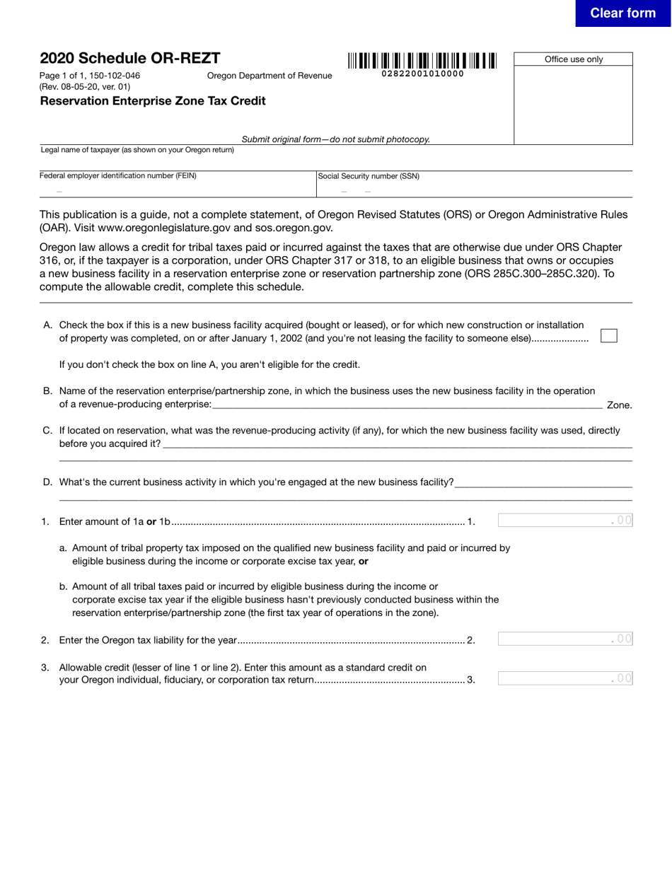 Form 150-102-046 Schedule OR-REZT Reservation Enterprise Zone Tax Credit - Oregon, Page 1