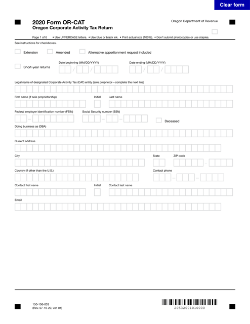 Form OR-CAT (150-106-003) 2020 Printable Pdf