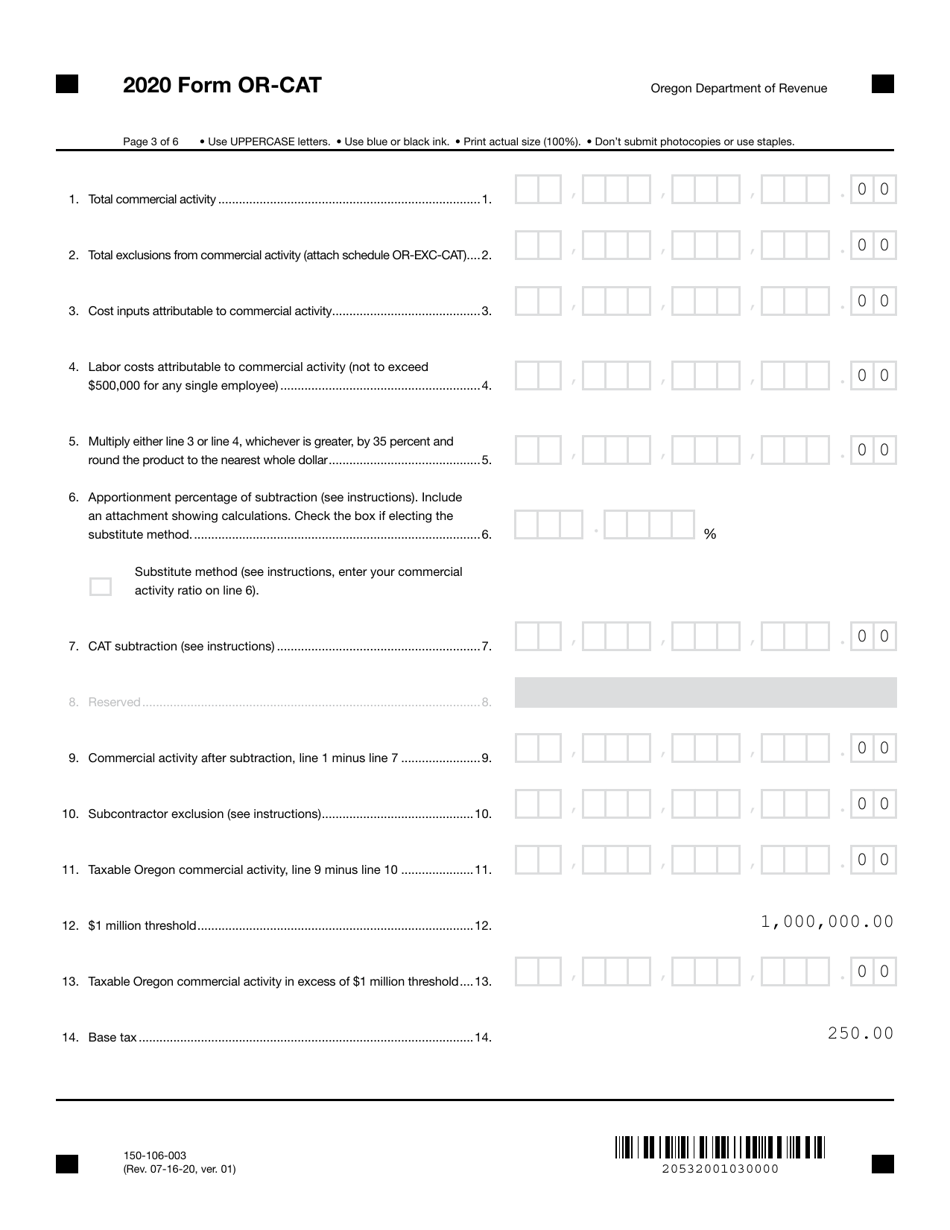 Form OR-CAT (150-106-003) Oregon Corporate Activity Tax Return - Oregon, Page 3