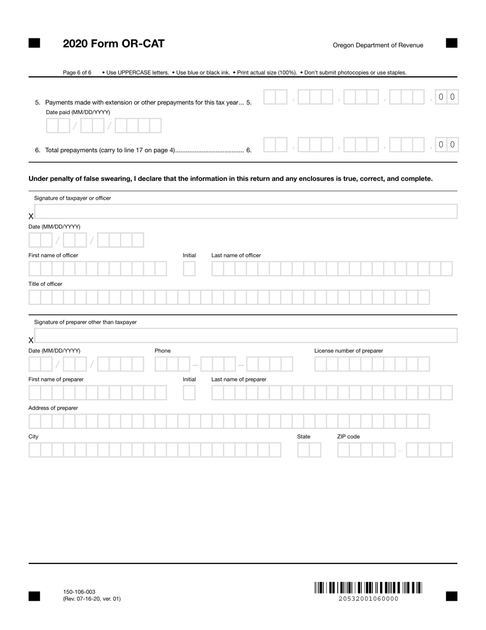 Form OR-CAT (150-106-003) Oregon Corporate Activity Tax Return - Oregon, Page 6