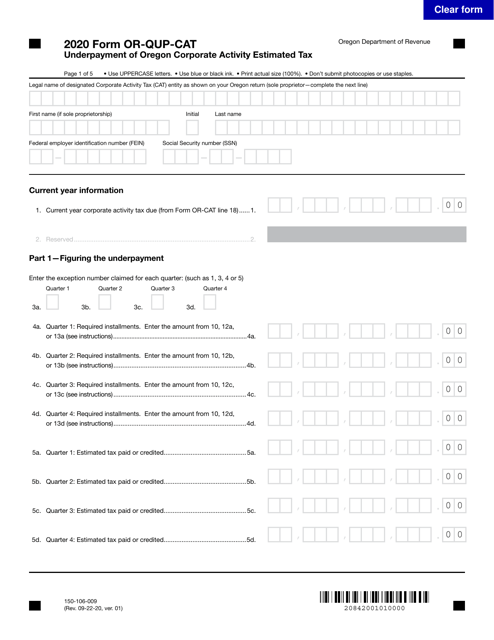 Form OR-QUP-CAT (150-106-009)  Printable Pdf