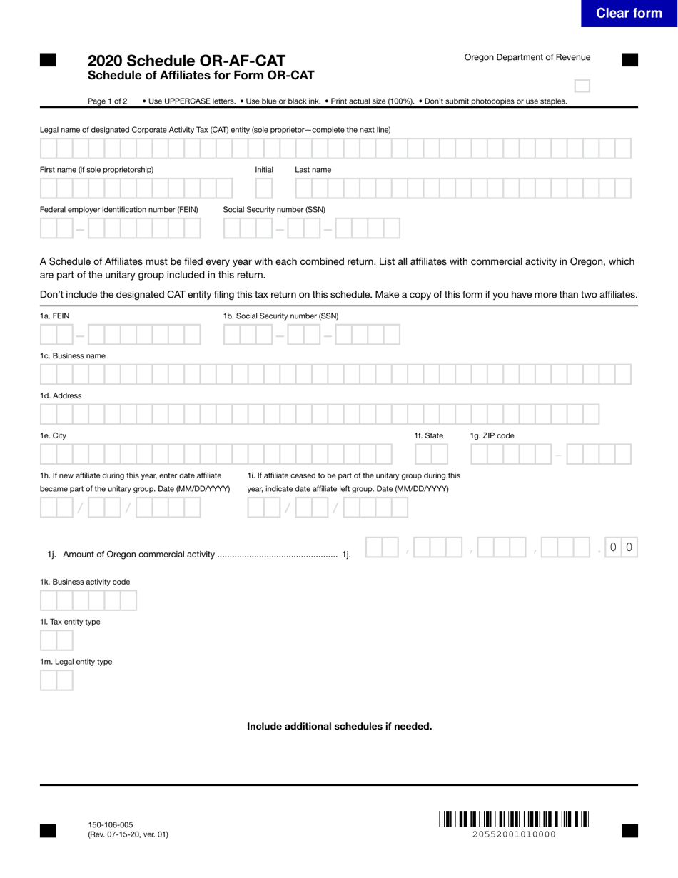 Form 150-106-005 Schedule OR-AF-CAT Schedule of Affiliates for Form or-Cat - Oregon, Page 1