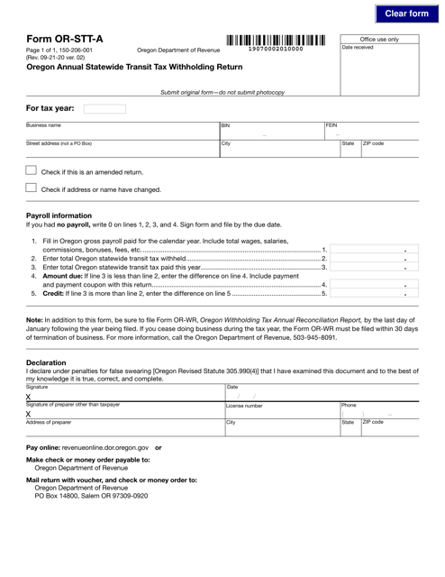 Form OR-STT-A (150-206-001) Oregon Annual Statewide Transit Tax Withholding Return - Oregon