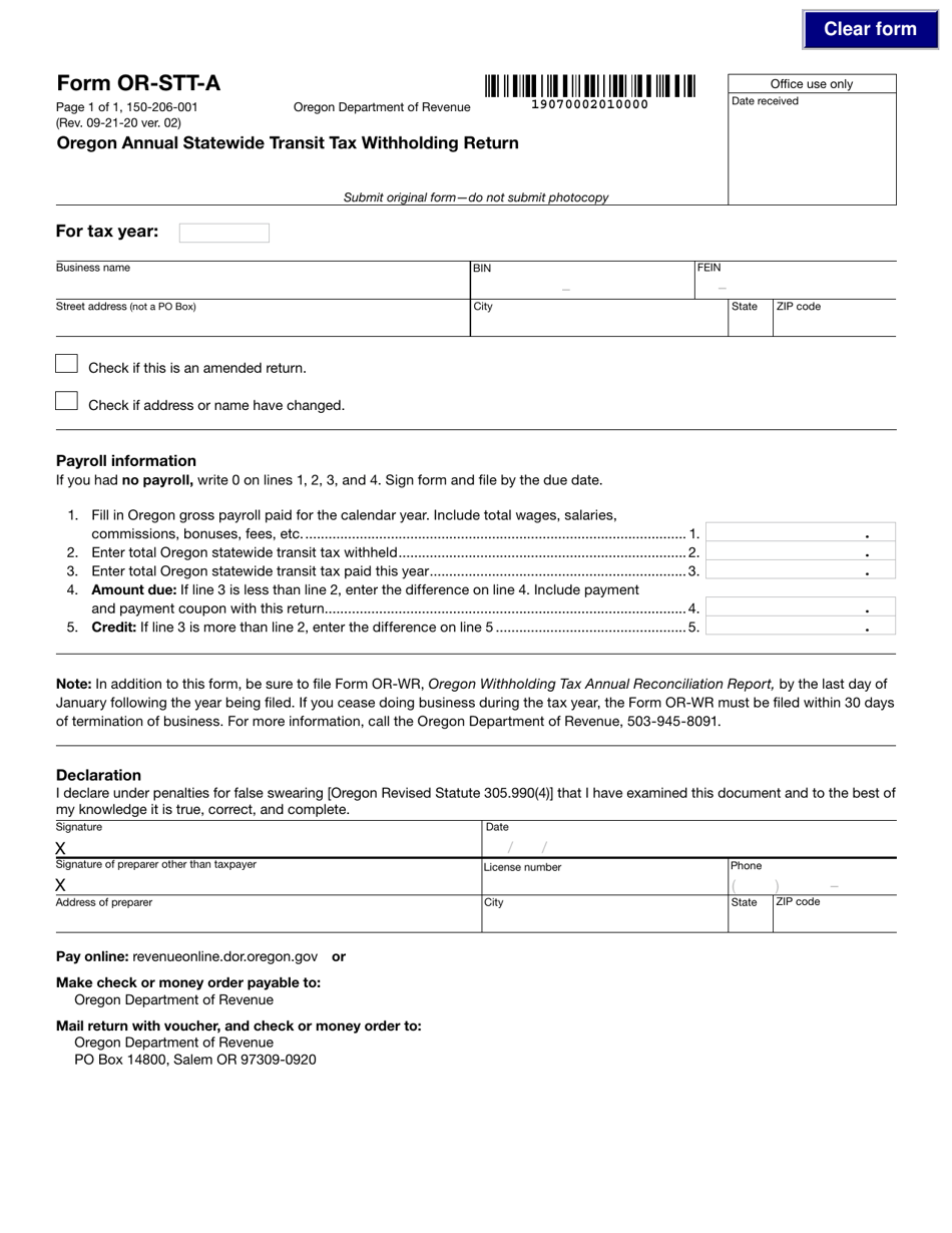 Form OR-STT-A (150-206-001) Oregon Annual Statewide Transit Tax Withholding Return - Oregon, Page 1