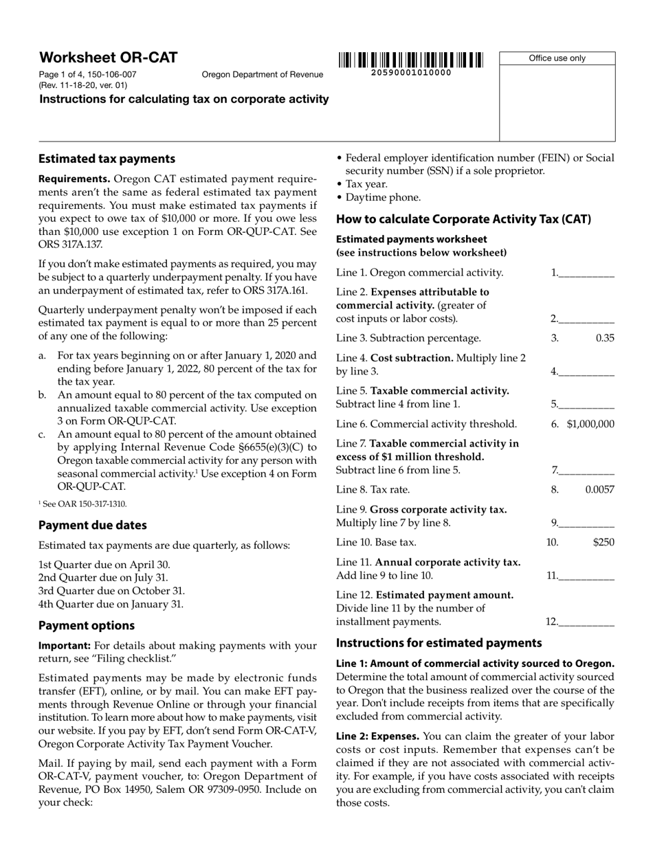 Form 150-106-007 Worksheet OR-CAT Instructions for Calculating Tax on Corporate Activity - Oregon, Page 1