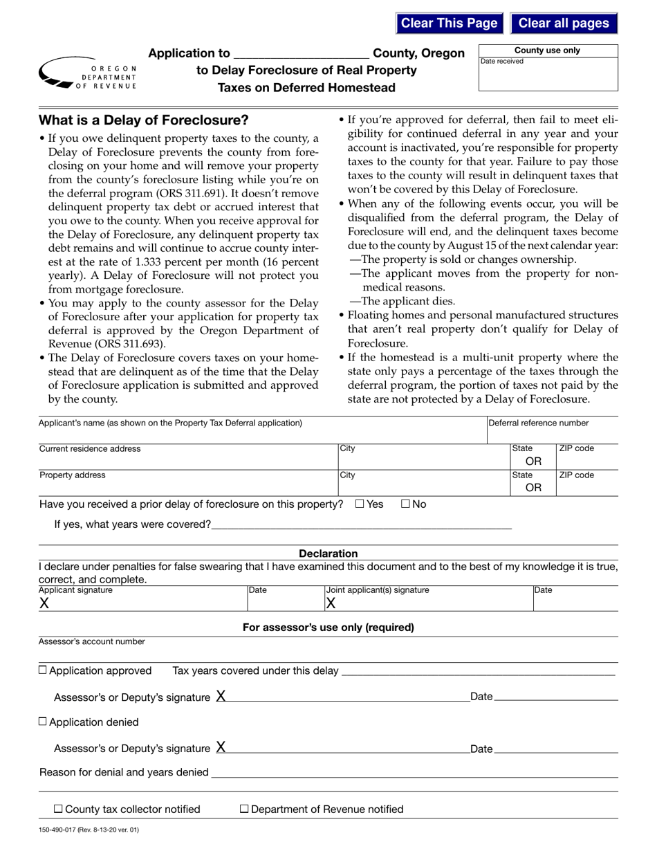 Form 150-490-017 Application to County, Oregon to Delay Foreclosure of Real Property Taxes on Deferred Homestead - Oregon, Page 1
