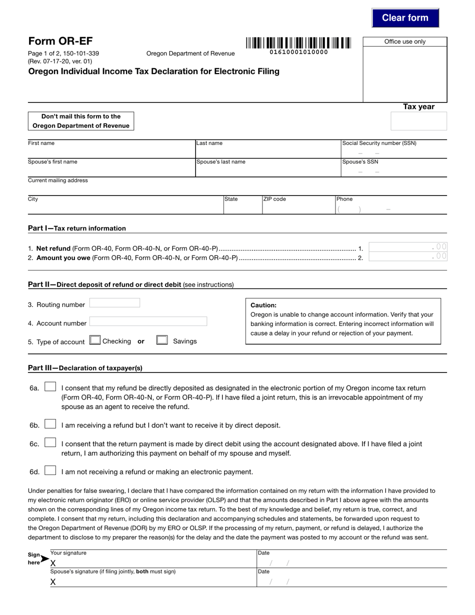 Form OR-EF (150-101-339) Oregon Individual Income Tax Declaration for Electronic Filing - Oregon, Page 1