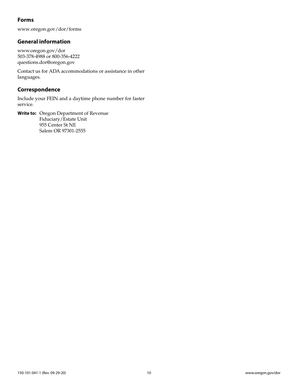 Instructions for Form OR-41, 150-101-041 Oregon Fiduciary Income Tax Return - Oregon, Page 10