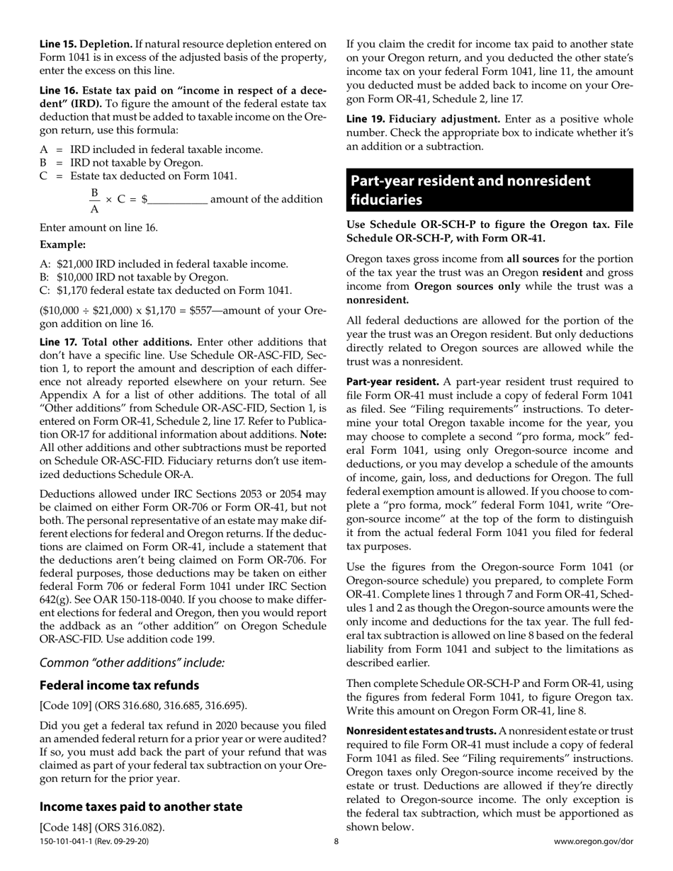 Instructions for Form OR-41, 150-101-041 Oregon Fiduciary Income Tax Return - Oregon, Page 8