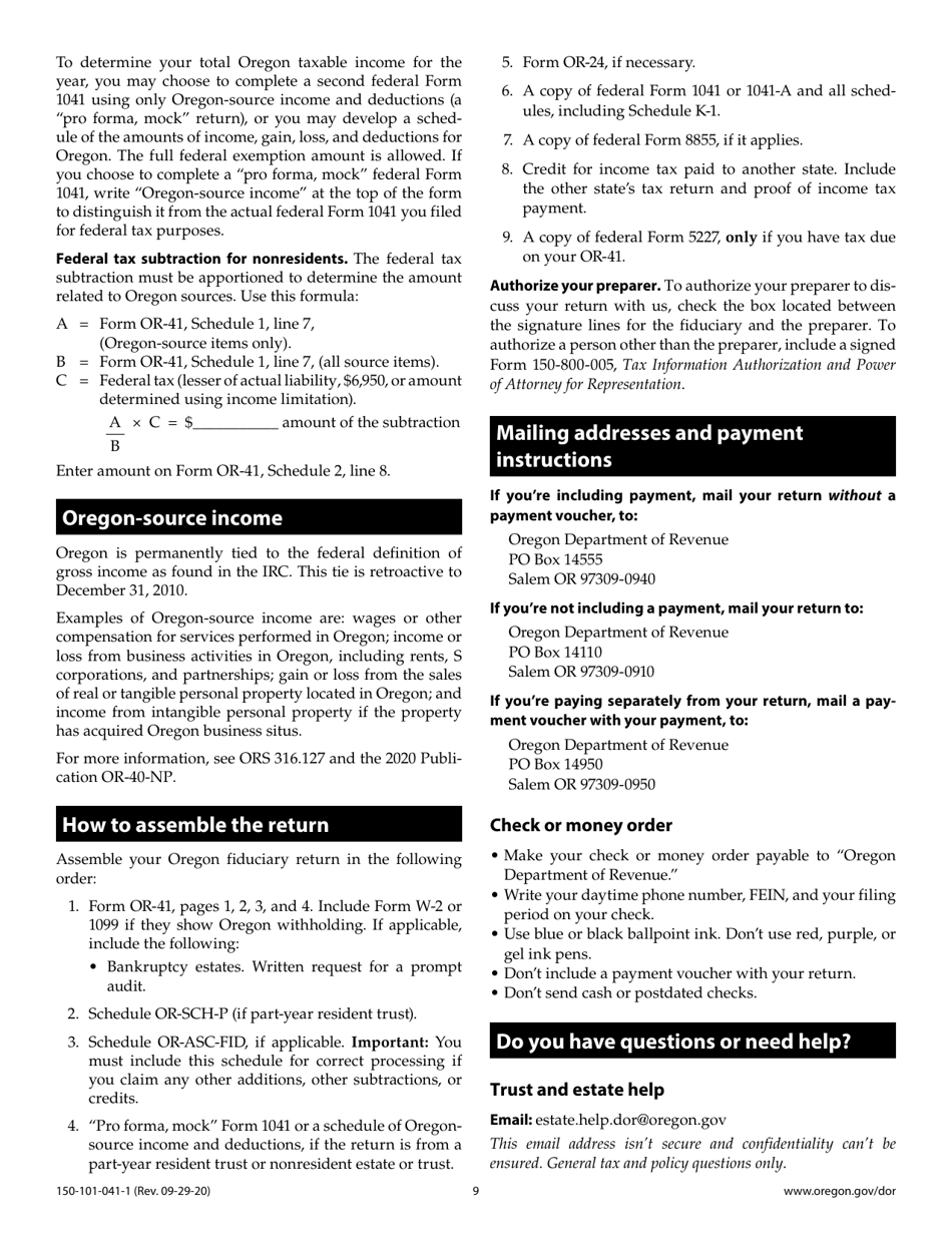 Instructions for Form OR-41, 150-101-041 Oregon Fiduciary Income Tax Return - Oregon, Page 9