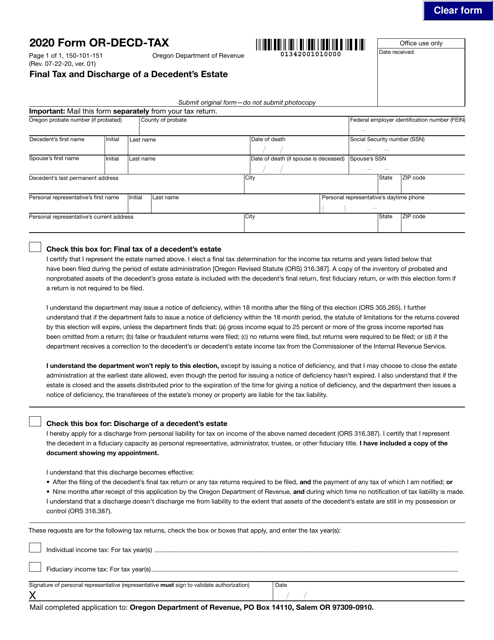 Form OR-DECD-TAX (150-101-151) 2020 Printable Pdf