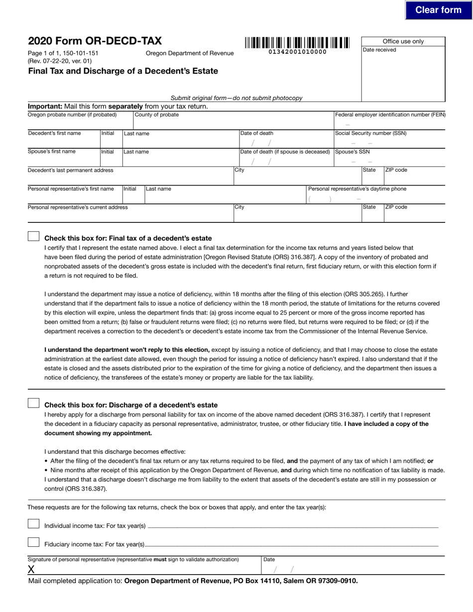 Form OR-DECD-TAX (150-101-151) Final Tax and Discharge of a Decedents Estate - Oregon, Page 1