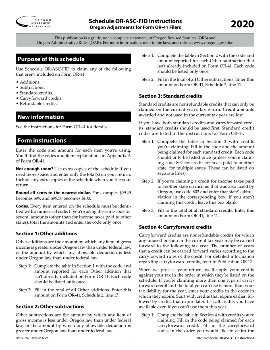Instructions for Form 150-101-067 Schedule OR-ASC-FID Oregon Adjustments for Form or-41 Filers - Oregon, Page 1