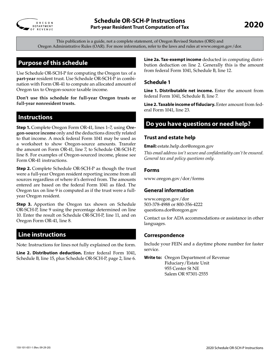 Instructions for Form 150-101-051 Schedule OR-SCH-P Part-Year Resident Trust Computation of Tax - Oregon, Page 1