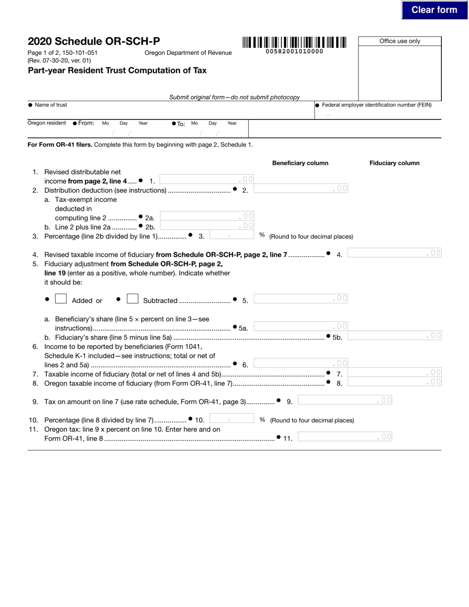 Form 150-101-051 Schedule OR-SCH-P Part-Year Resident Trust Computation of Tax - Oregon, Page 1