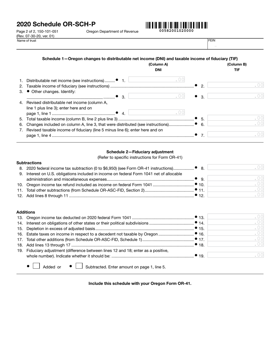 Form 150-101-051 Schedule OR-SCH-P Part-Year Resident Trust Computation of Tax - Oregon, Page 2