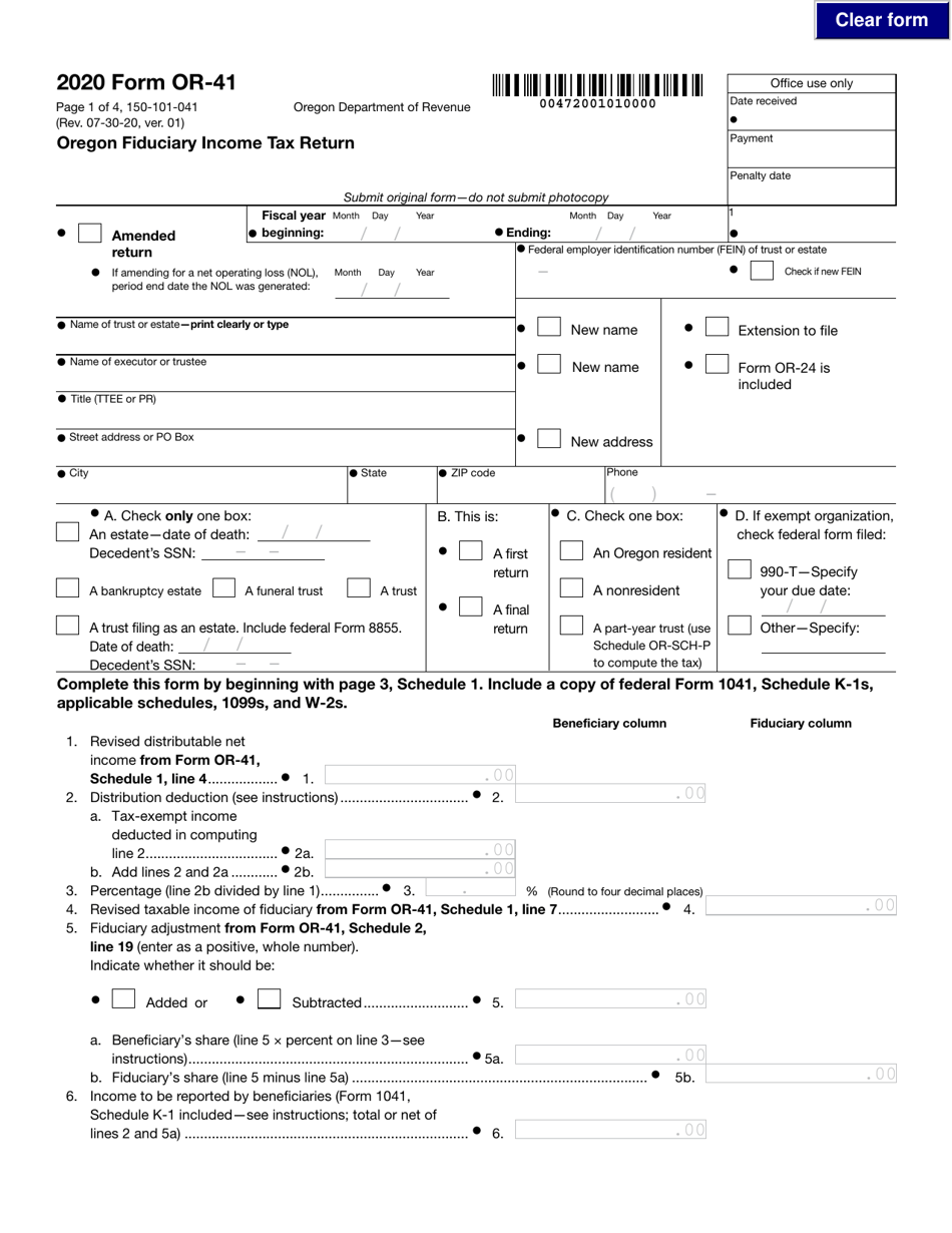 Form OR-41 (150-101-041) Oregon Fiduciary Income Tax Return - Oregon, Page 1