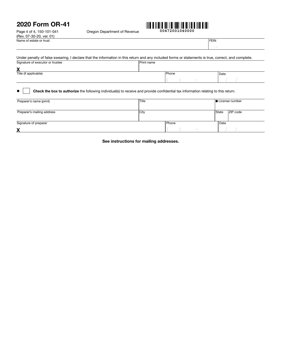 Form OR-41 (150-101-041) Oregon Fiduciary Income Tax Return - Oregon, Page 4