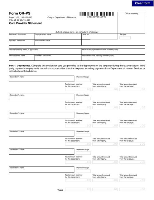 Form OR-PS (150-101-190)  Printable Pdf