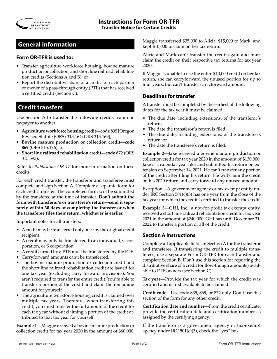 Instructions for Form OR-TFR, 150-101-179 Transfer Notice for Certain Credits - Oregon, Page 1