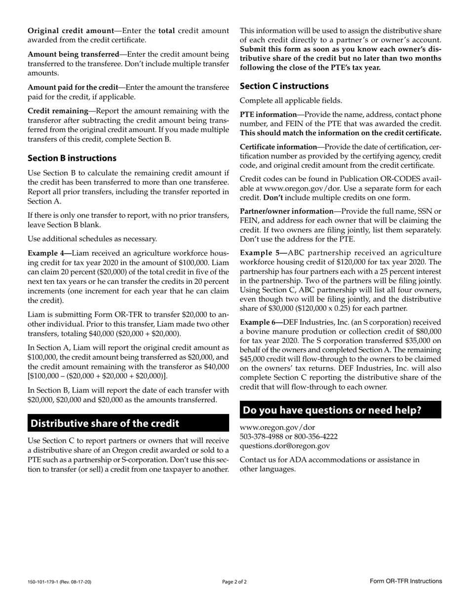 Instructions for Form OR-TFR, 150-101-179 Transfer Notice for Certain Credits - Oregon, Page 2