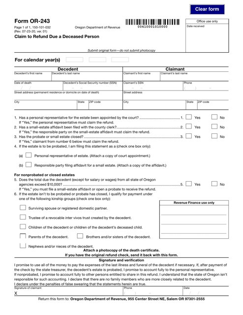 Form OR-243 (150-101-032)  Printable Pdf