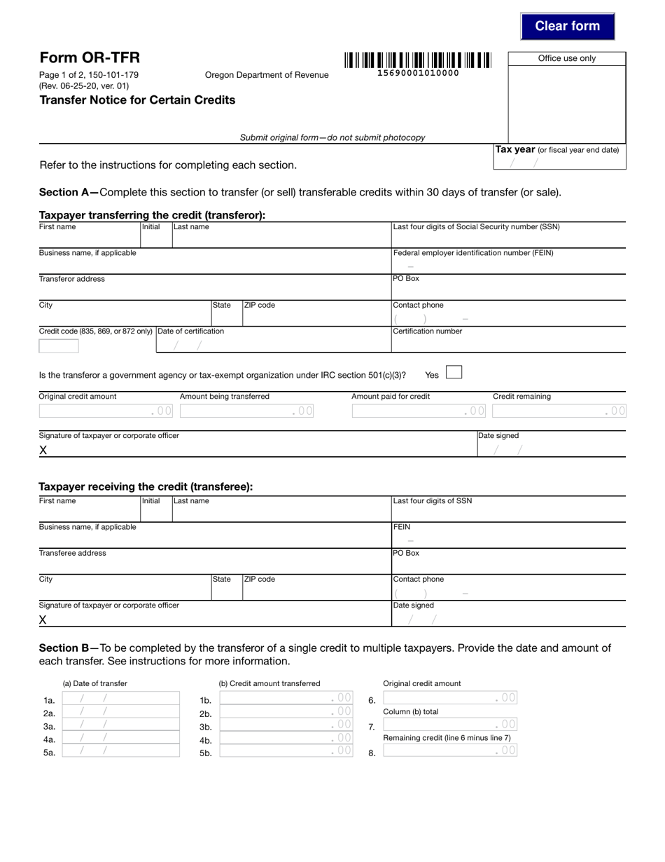 Form OR-TFR (150-101-179) - Fill Out, Sign Online and Download Fillable ...