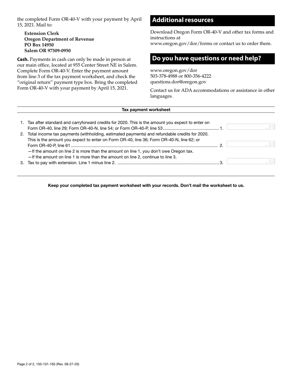 Form OR-40-EXT (150-101-165) Instructions for Automatic Extension of Time to File Oregon Individual Income Tax Return - Oregon, Page 2