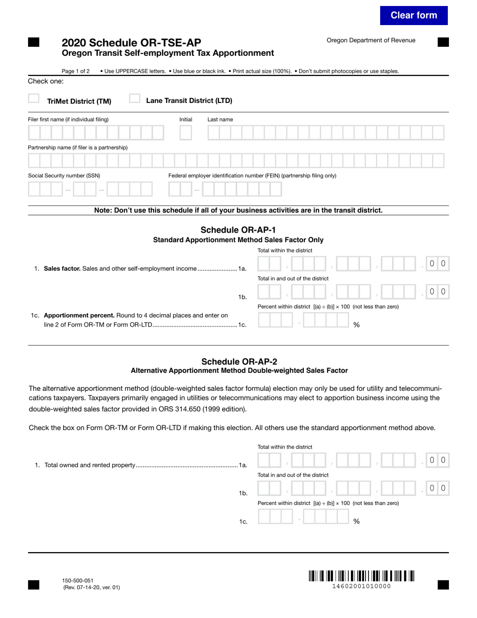 Form 150-500-051 Schedule OR-TSE-AP Oregon Transit Self-employment Tax Apportionment - Oregon, Page 1