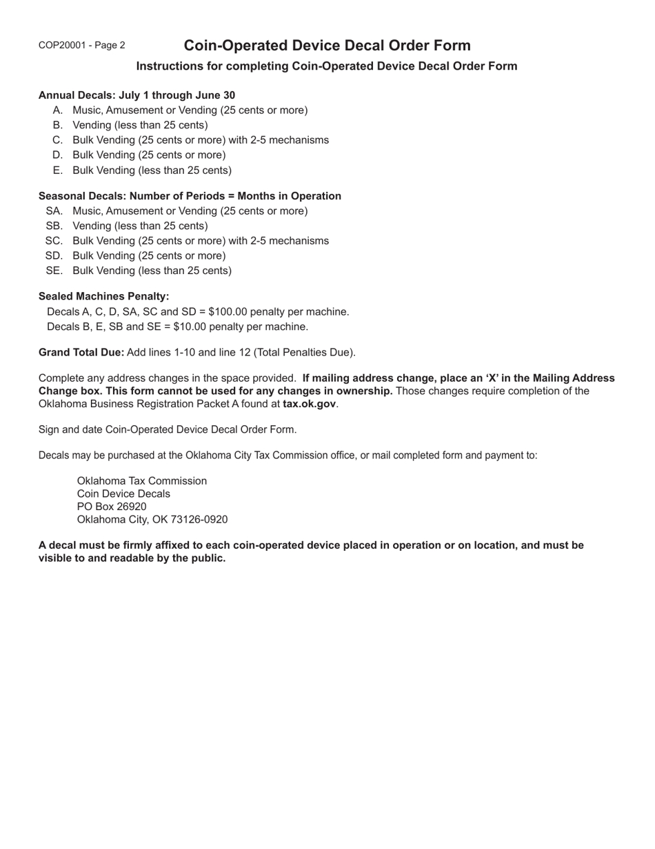 Form COP20001 Coin-Operated Device Decal Order Form - Oklahoma, Page 3