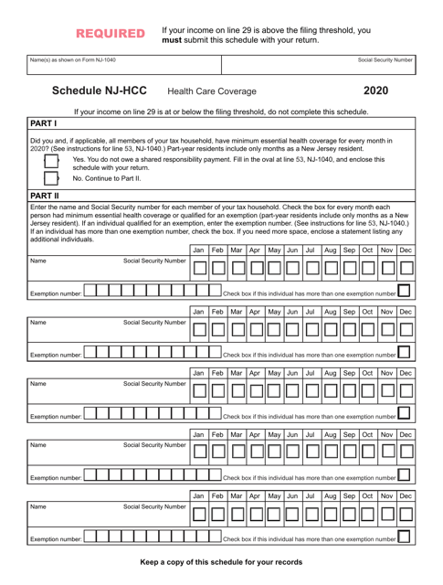 Schedule NJ-HCC 2020 Printable Pdf