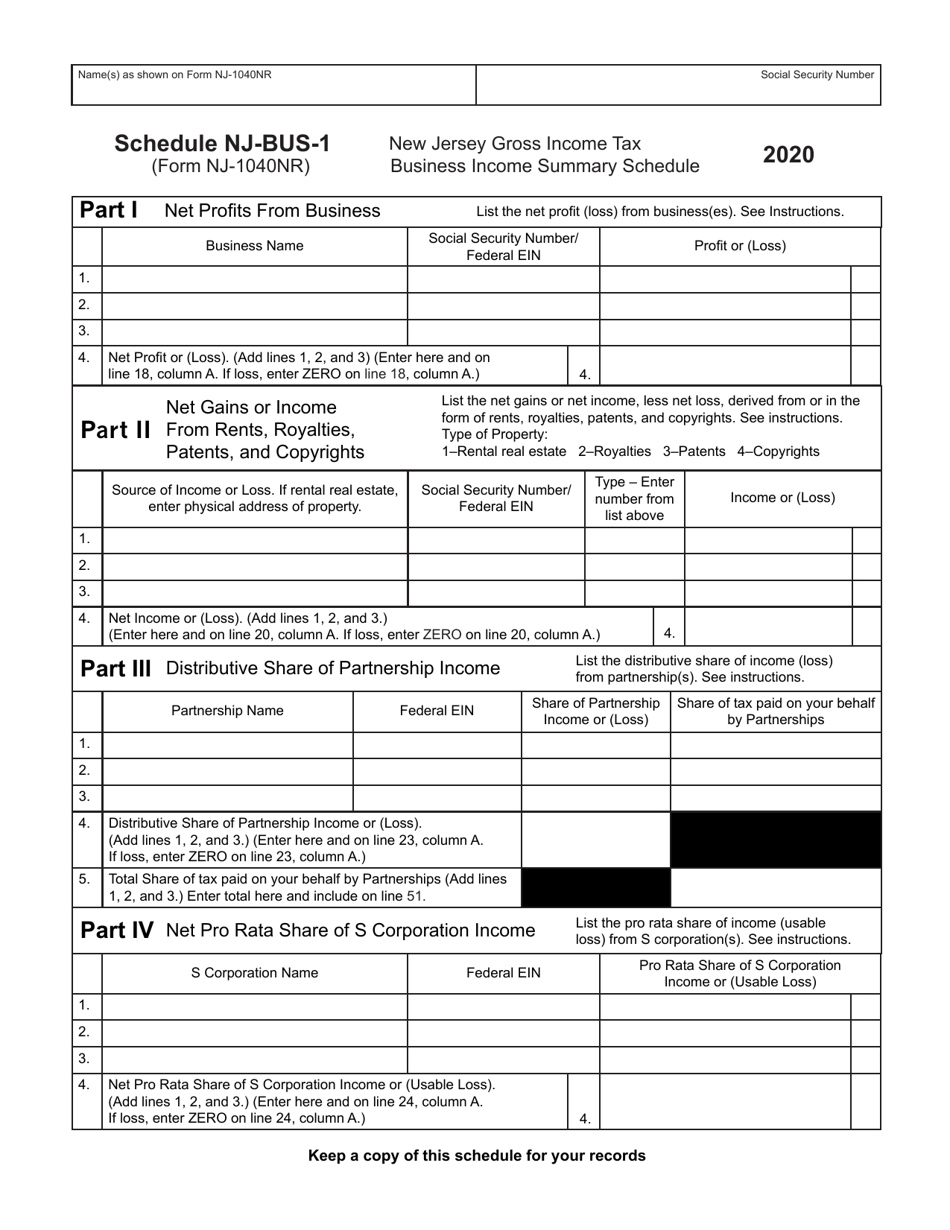 Form NJ-1040NR Schedule NJ-BUS-1 New Jersey Gross Income Tax Business Income Summary Schedule - New Jersey, Page 1