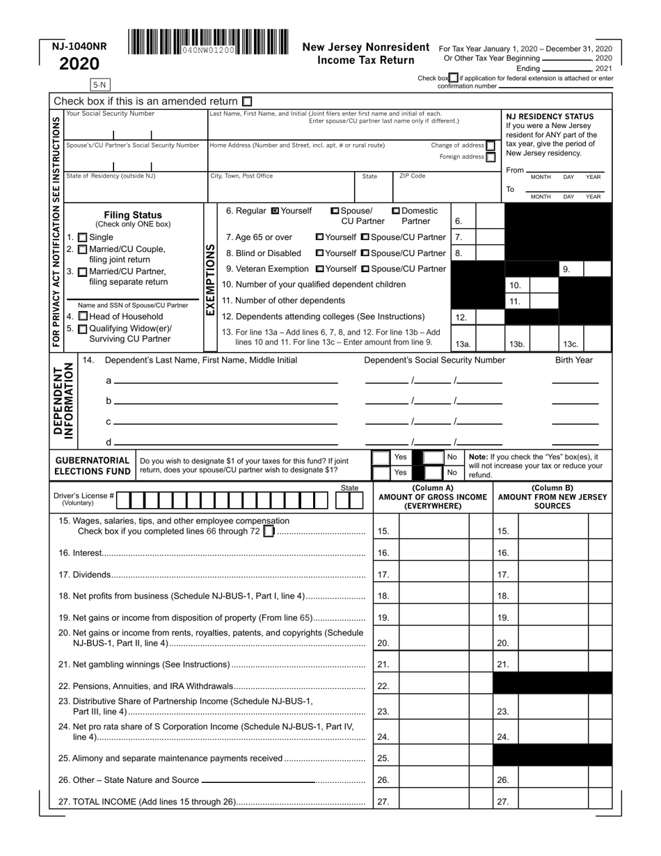 Form NJ-1040NR New Jersey Nonresident Income Tax Return - New Jersey, Page 1