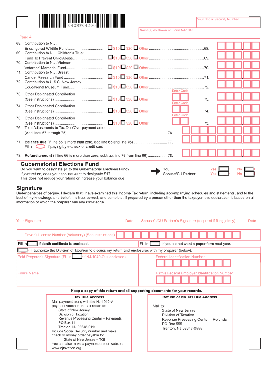 Form NJ-1040 New Jersey Resident Income Tax Return - New Jersey, Page 4