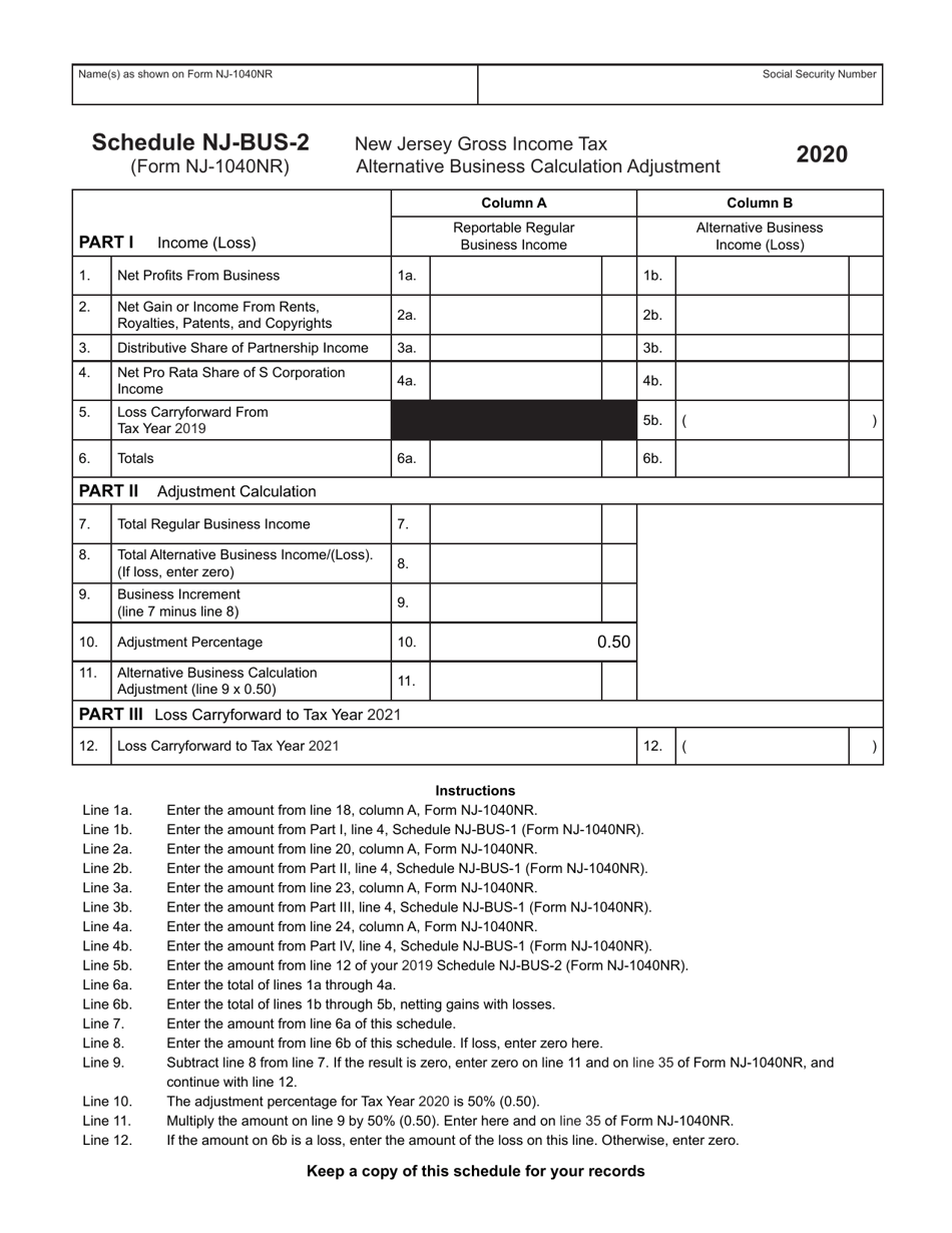 Form NJ-1040NR Schedule NJ-BUS-2 New Jersey Gross Income Tax Alternative Business Calculation Adjustment - New Jersey, Page 1