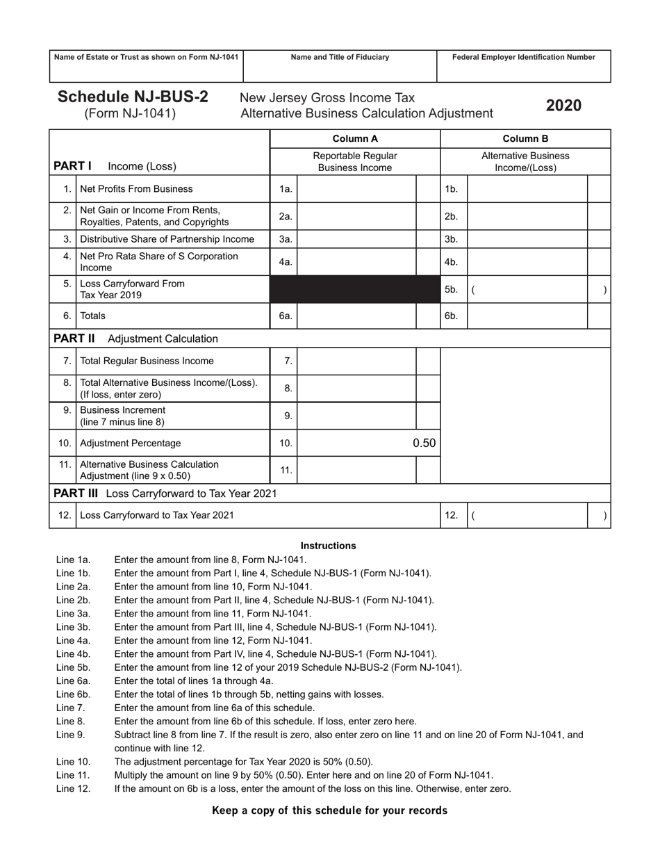 Form NJ-1041 Schedule NJ-BUS-2 New Jersey Gross Income Tax Alternative Business Calculation Adjustment - New Jersey, Page 1