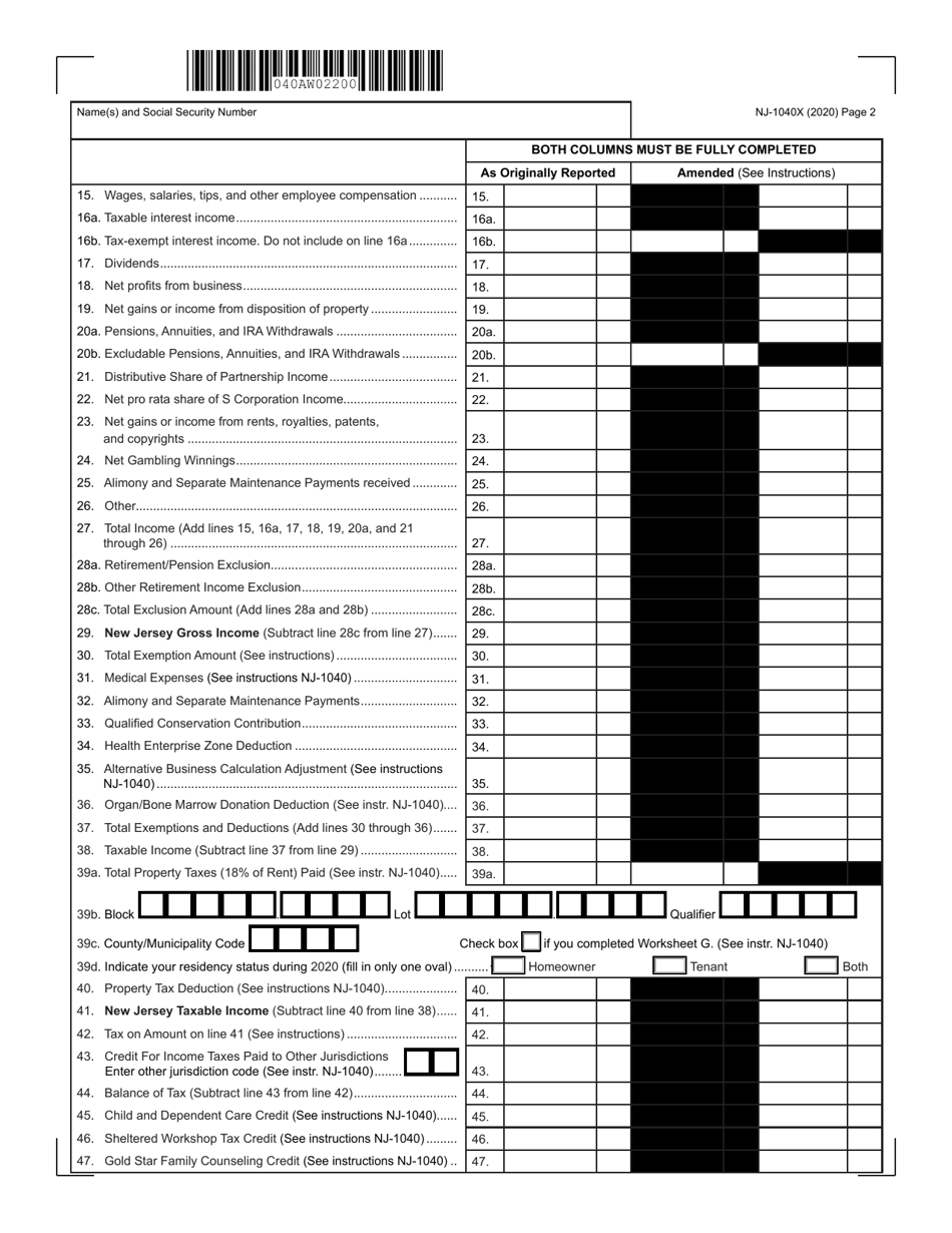 Form NJ-1040X New Jersey Amended Resident Income Tax Return - New Jersey, Page 2