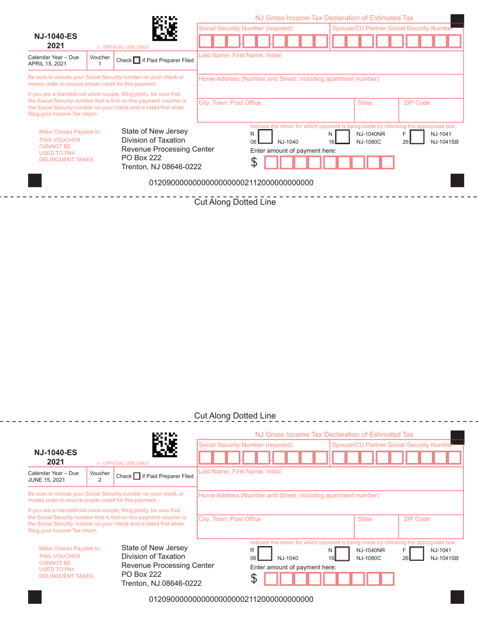 Form NJ-1040-ES Estimated Tax Voucher - New Jersey, Page 1