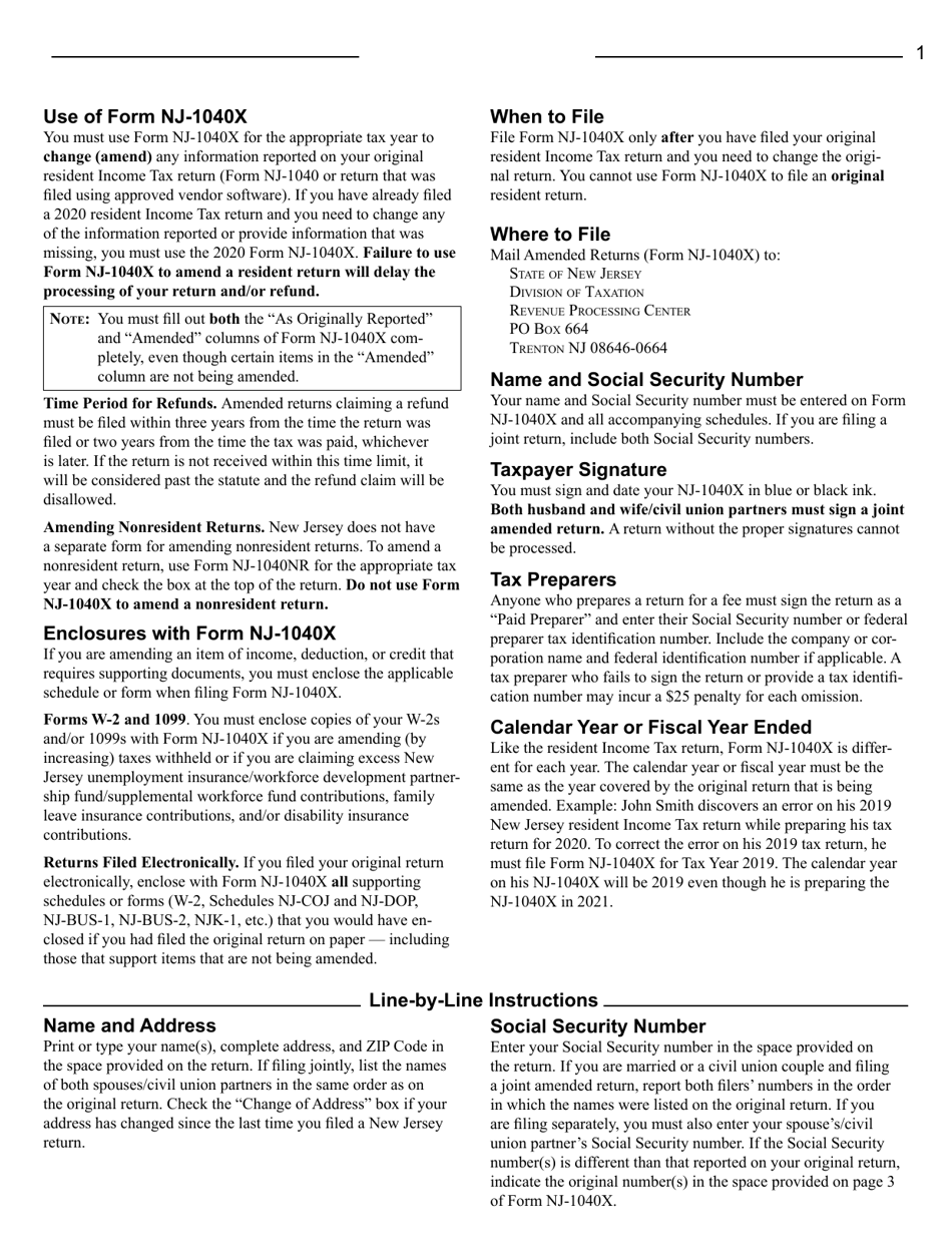 Download Instructions for Form NJ-1040X New Jersey Amended ...