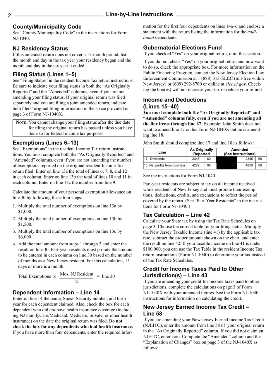 Download Instructions for Form NJ1040X New Jersey Amended Resident