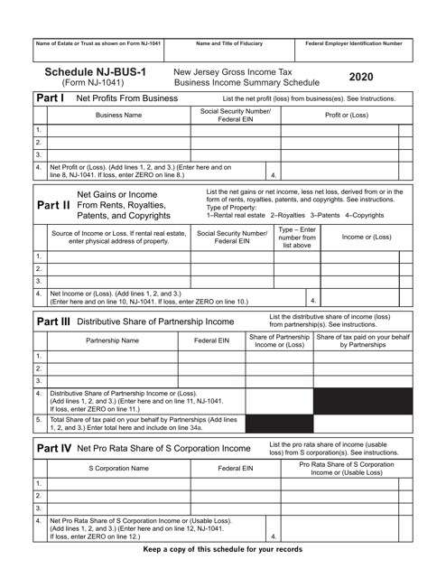 Form NJ-1041 Schedule NJ-BUS-1 2020 Printable Pdf