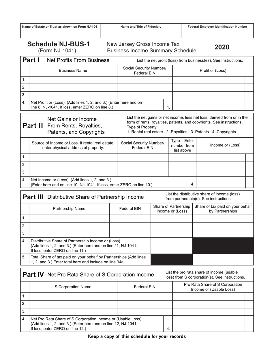 Form NJ-1041 Schedule NJ-BUS-1 New Jersey Gross Income Tax Business Income Summary Schedule - New Jersey, Page 1
