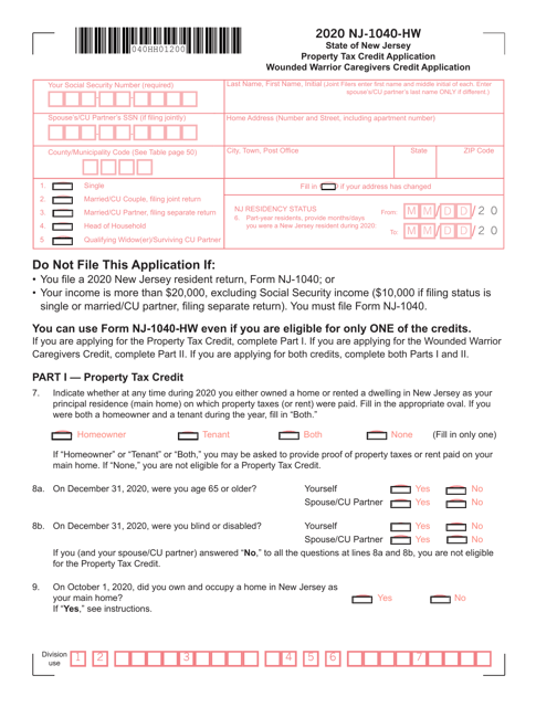 Form NJ-1040-HW 2020 Printable Pdf