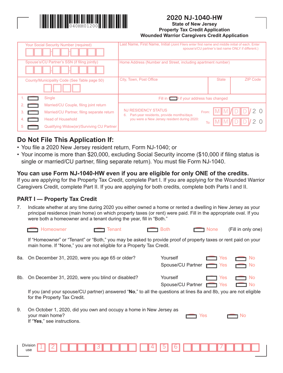 Form NJ-1040-HW Property Tax Credit Application Wounded Warrior Caregivers Credit Application - New Jersey, Page 1