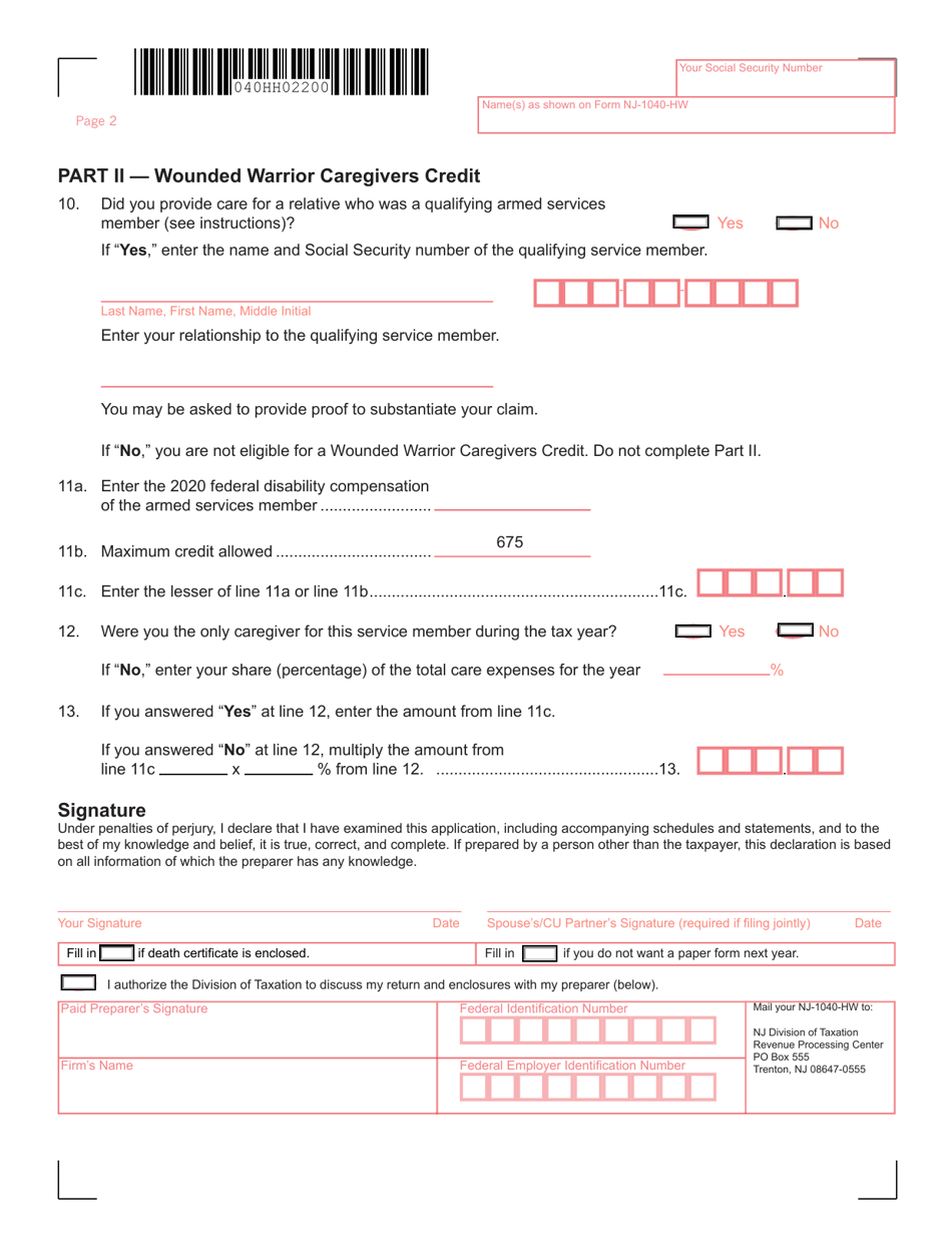 Form NJ-1040-HW Property Tax Credit Application Wounded Warrior Caregivers Credit Application - New Jersey, Page 2