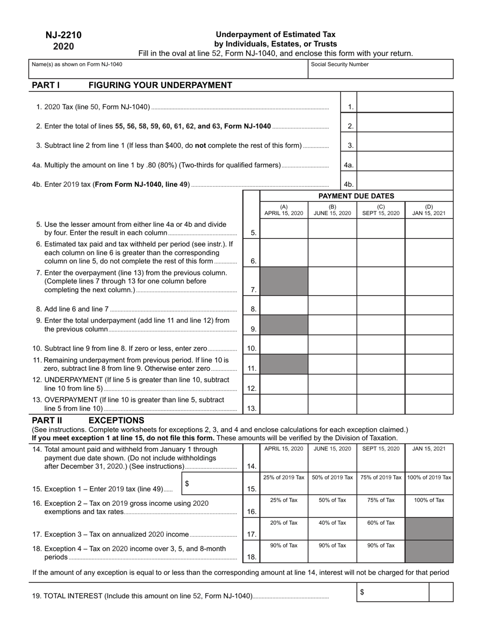Form NJ2210 Download Fillable PDF or Fill Online Underpayment of